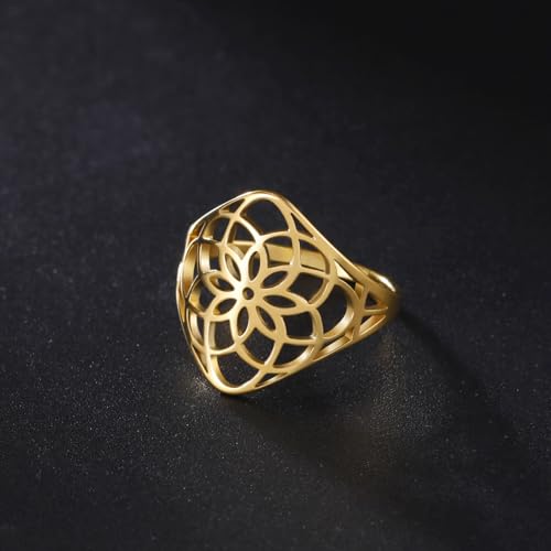 TEAMER Filigree Flower Ring Stainless Steel Elegant Bohemian Finger Ring Wedding Band Ring Exquisite Jewelry for Women - color: Style 1 - Gold