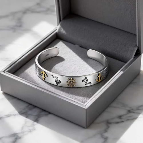 Kim Carrey S925 Sterling Silver Bracelet, Stacked Bracelets Open Bangle Cuff Design, Men's Gift Jewelry for My Man - style: Nautical style