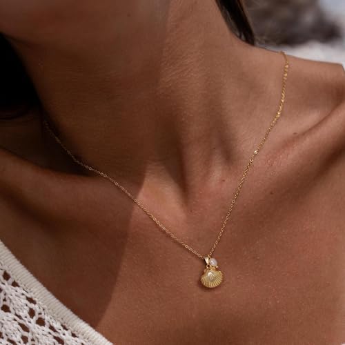 Ewrkbr Gold Necklace for Women,14K Gold Plated Shell Starfish Beach Necklaces Cute Boho Pendant Necklace Fashion Summer Waterproof Pearl Jewelry for Women - color: NK-shell