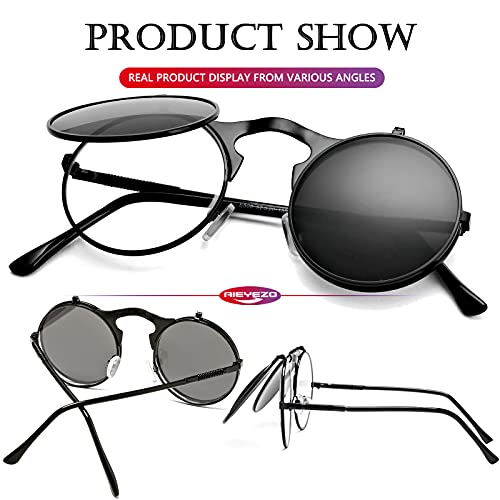 AIEYEZO Round Flip Up Sunglasses for Men and Women Rave Flip Glasses 90's Retro Steampunk Style - color: A2 Black/Grey