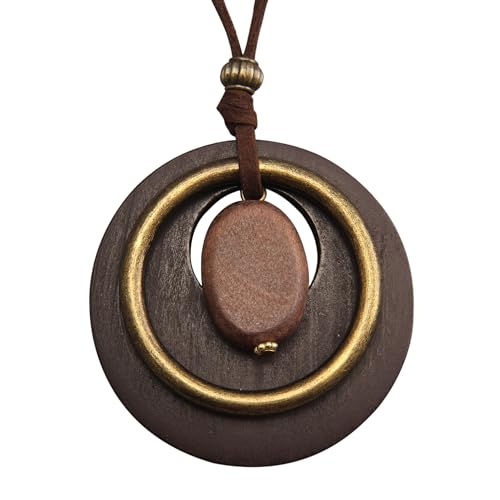 GelConnie Leather Cord Necklace Chain Multilayer Wooden Pendant Necklaces Vintage Jewelry Boho Long Sweater Necklace for Women Men - color: Brown Wood Necklace