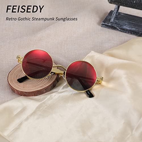 FEISEDY Retro Gothic Steampunk Sunglasses Round Metal Frame Punk Circle Inspired Shade Men B1857 - color: Gold/Red Mirrored