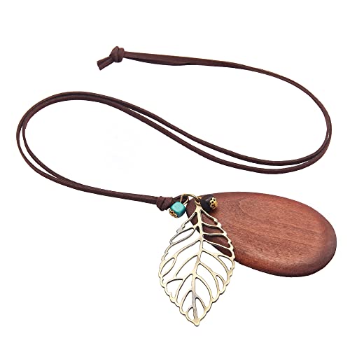 GelConnie Leather Cord Necklace Chain Multilayer Wooden Pendant Necklaces Vintage Jewelry Boho Long Sweater Necklace for Women Men - color: Leaf Leather Necklace