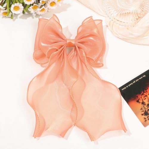 Large Hair Bow Clips for Women, Pink Bow Hair Barrettes with Long Tail French Hair Ribbon Clips Hair Accessories for Girls (Orange) - color: Orange