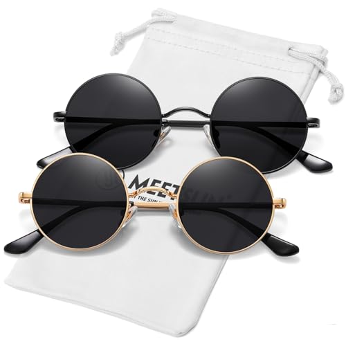 MEETSUN Small Round Polarized Sunglasses for Men Women Metal Retro Hippie Circle Sun Glasses Driving Festival Cosplay UV400 - color: Black / Grey + Gold / Grey