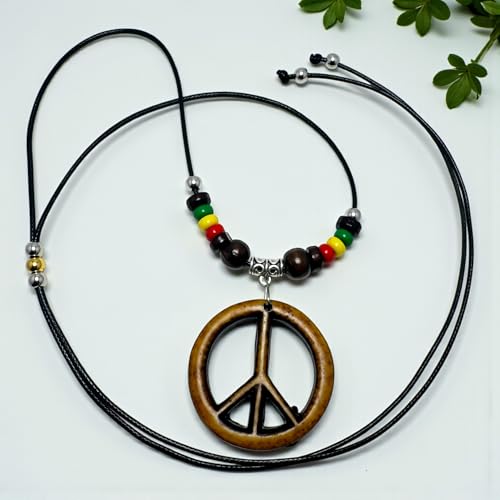 LAVIP Peace Sign Pendant Necklace, Black Cord with Wooden Beads, Boho Style - color: Brown