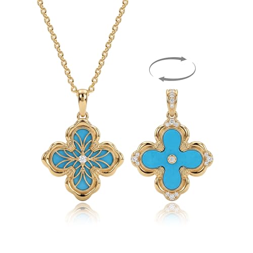 Fettero Dainty Gold Necklace for Women - Double Sided Pendant Necklace 14K Gold Plated Charm Clover Necklace Jewelry for Valentine's Day - color: Turquoise blue