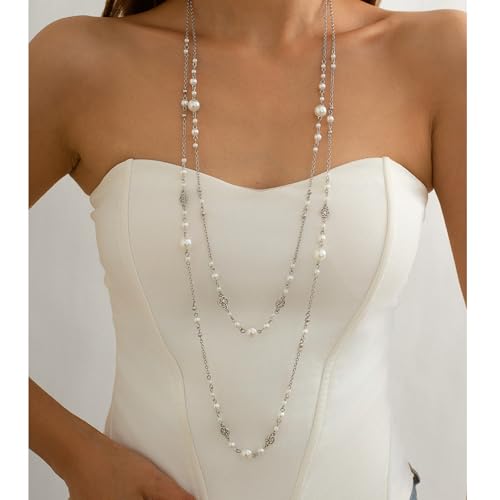 Long Necklaces for Women Pearl Necklaces for Women Long Chain Necklace Dainty Layered Pearl Necklace Statement Sweater Strand Chain Jewelry - color: Silver