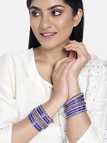 Aheli Ethnic Colorful Metal Bangles Chudha Set Stone Studded Bangle Set Indian Wedding Wear Fashion Jewelry Gift for Women Blue - color: Blue