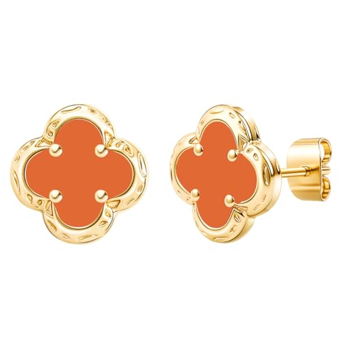 Elegant Black Onyx Clover Stud Earrings, 14K Gold Plated Four Leaf Hypoallergeinc Stud Stainless Steel Flower Earring Lucky Simple Jewelry Gift for Women Shiny Multiple Onyx Colors - color: Orange Clover Stud Earrings