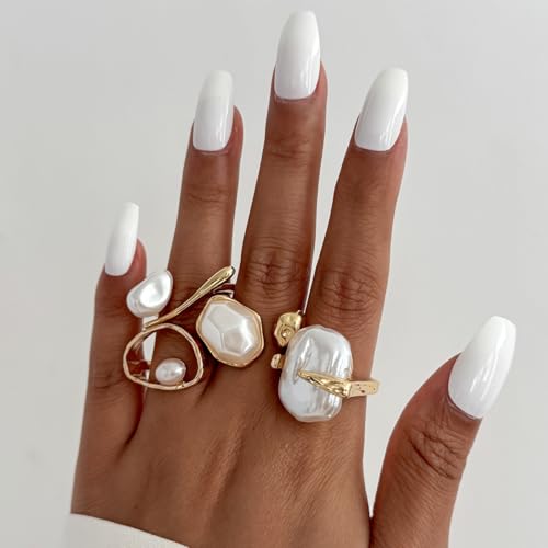 Chunky Gold Pearl Rings for Women Vintage Baroque Pearl Rings Set Open Stacking Pearls Ring Set Irregular Geometric Pearls Ring Boho Prom Costumes Fashion Jewelry Accessories - style: 4PCS A