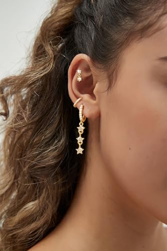 Pearl Earrings for Women, Gold Plated Huggie Hoop Drop Earrings | Hypoallergenic pearl hoop earrings designed for multiple piercings, cartilage styling and everyday wear - style: 4 pearl drop chain earring set-gd