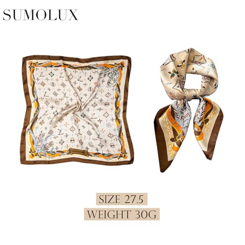 Sumolux Head Hair Scarf for Women Like Satin Silk Scarf Bandana Hair Wrapping Night Large Square Scarves 27.5" - color: Khaki Feather