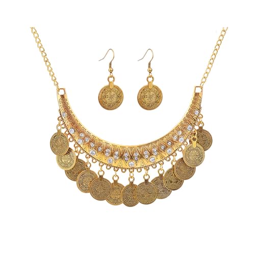 FUTIMELY Chunky Coin Necklace Earrings Set,Bohemia Plated Gold Coin Tassel Personalized Choker Earrings,Ethnic Gypsy Statement Jewelry Set for Women - color: Gold