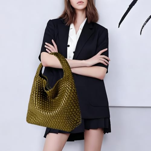 Woven Tote Bag For Women, Large Vegan Leather Travel Handbag, Casual Work Shoulder Bag, Underarm Commuter Hobo Bag With Purse - color: Green