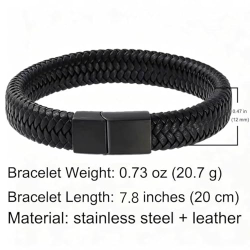 Men's Leather Bracelet, Stackable Stainless Steel Clasp Bracelets for Men Stylish Birthday, Thanksgiving, Valentine's Day Gift for My Man - style: 7.8" Pure Black