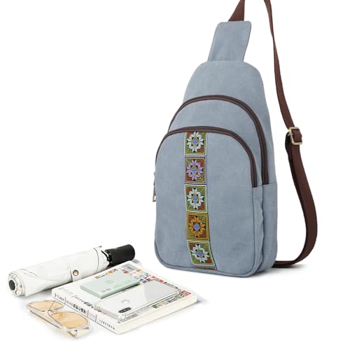 SILKAREA Canvas Sling Bag for Wome Crossbody Purse Small Sling Backpack Purse Travel Hiking Chest Bag Daypack - color: Light Blue