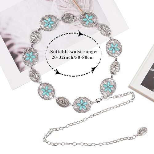 Dubulle Womens Belt Chain Leather Belts Vintage Western Adjustable Elastic Double Buckle for Cowboy Pant Dress - color: W Antique Silver