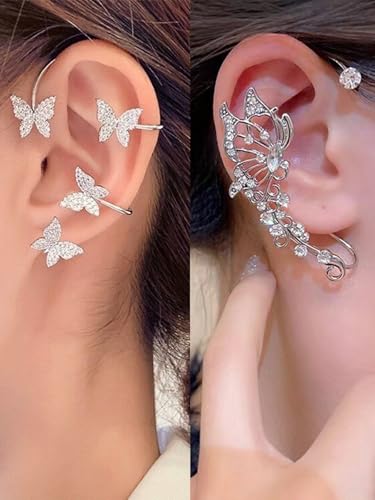 2Pcs Rhinestone Butterfly Earrings Ear Cuffs Non-Pierced Fake Earrings Butterfly Climber Wrap Around Earring Dainty Adjustable Ear Clip Jewelry for Women - color: StyleA-2 Pairs-Silver