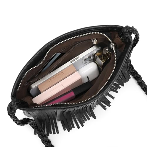 Stylish Fringe Crossbody Bag Bohemian Sling Bag Brown Lightweight Purse Hippie Small Shoulder bagTassel Leather - color: Black