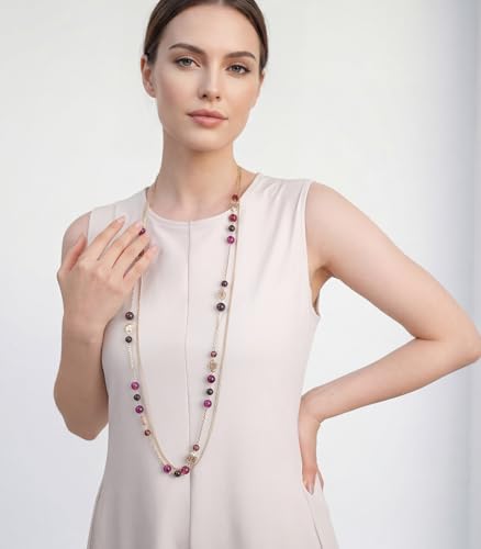 FULU AUTUMN Boho Gold Long Necklaces for Women Natural Stone Beaded Layered Long Necklace Mothers Day Gifts Dainty Flower Costume Jewelry for Women - color: Purple