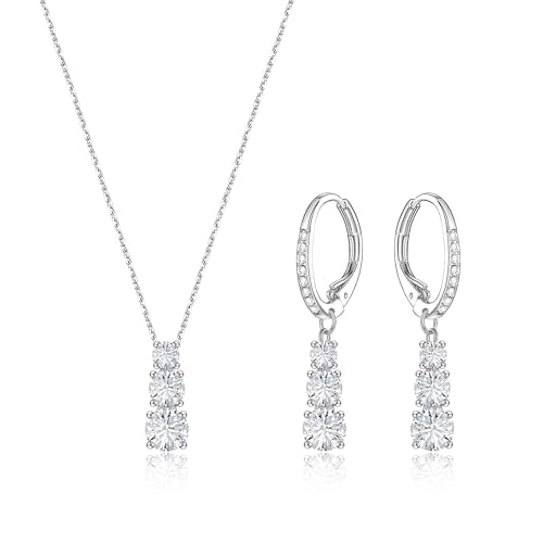 Crysdue Cubic Zirconia Jewelry Set for Women Bridesmaid, Classic Round Cut Drop Lightweight Lever Back Earrings Pendant Necklace Tennis Bracelet for Wedding Prom Party - style: 2pcs Silver