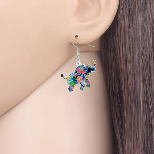 BONSNY Colorful Acrylic Elephant Dangle Earrings Bohemian Tribal Floral Design Boho Jewelry Gifts for Women Funny Novelty Hypoallergenic Spring Summer Gifts Accessories - color: Navy