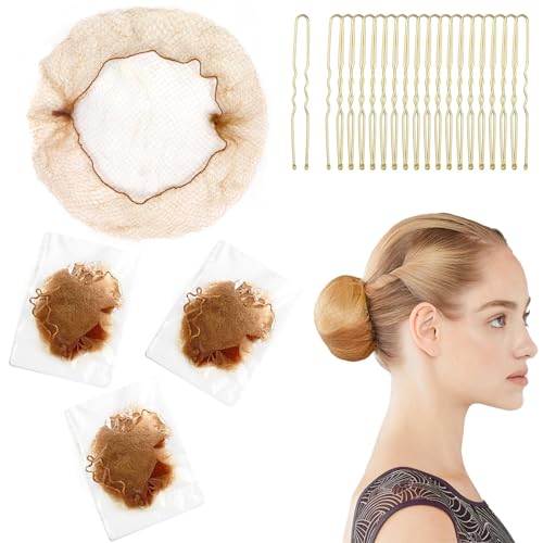 Hair Net Set 30 Pieces 20-Inch Light Brown Nets, 50 Pieces 2.4-Inch Golden U Pins - For Food Service, Bun Making, Ballet, and Versatile Hairstyling(Light Brown,20inch,80pcs/Pack) - color: Light Brown, size: 20 Inch
