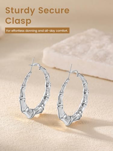 KeyStyle Bamboo Hoop Earrings for Women, Stainless Steel 90s Hoops Earring Lightweight Loops for Party, 2 mm Thick Hypoallergenic Vintage Circle Endless Thin Hoop (40mm, 60mm, 80mm,) - color: Stainless Steel-40mm