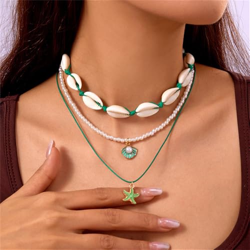 Shell Beach Choker Necklace Set for Women Boho Layered Beaded Adjustable Starfish Conch Shell Nacklace Imitaion Pearl Rice Beads Necklace Summer Ocean Vacation Jewelry - color: Green