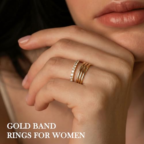 Gold Band Rings for Women Men Non Tarnish, Wedding 14K Gold Plated Stackable Ring Set for Couples, Dainty Thin Plain Simple Promise Dome Band Thumb Pinky 1mm 3mm 5mm Jewelry Gift Comfort Fit Size 3-13 - color: Gold-1mm 3PCS, size: 7