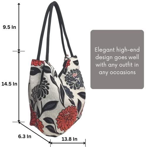 HCRAFT Embroidered Handbags for Women, Large Beads Flower Shoulder Tote Bag with Zipper Fabric Hobo Bags, Mother's Day Bag - color: Large Beads