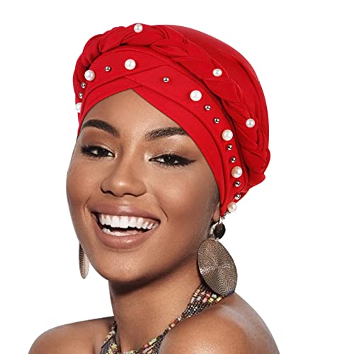 African Women Turban Caps Pre-Tied Twisted Turbans Head Scarf for Women Hair Wraps Cover Beanie Cancer Chemo Headwear - color: 1 Pack Twisted Braid A: Pearls Red