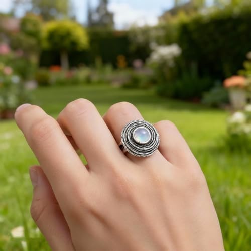 Mulit Circle Cross Lines Thick Top Jade Gem Ring,Silver Plated Cocktail Party Ring,Statement Ring Jewelry Gift for Women - color: RIng_E moonstone