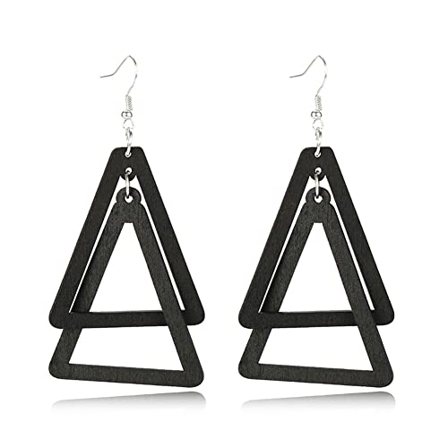 ANXIN Boho Personality Retro Tassel Rectangular Wooden Contrasting colors Earrings Chic Green Temperament Geometric Earrings Jewelry Gifts For Women - color: Black Wooden Earrings