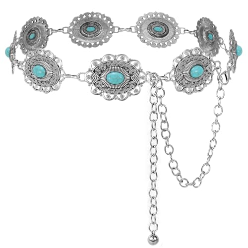 XZQTIVE Women Boho Chain Belts For Dresses Jeans Western Cowgirl Waist Links Belt Adjustable Metal Concho Belt - color: Green Turquoise Silver, size: Fit Waist up to 56 In
