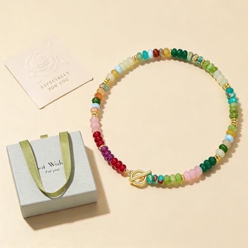 Colorful Beaded Necklace for Women Gemstone Bead Chokers Toggle Boho Natural Stone Surfer Necklaces Summer Beach Jewelry - color: A-Rainbow