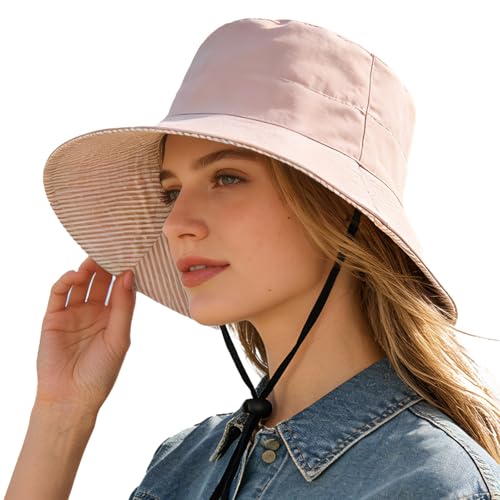 Women's Summer Sun Hat - Reversible Design with Striped Lining Adjustable Brim for Travel and Outings Cap - color: Stripes-pink