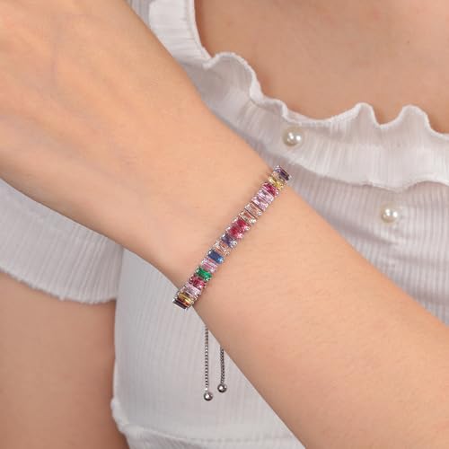 CiNily Adjustable Tennis Bracelets for Women Teen Girls Rainbow Cubic Zirconia Bracelet 14K White Gold Plated Hypoallergenic Slider Bracelet Jewelry Gift - color: Adjustable-Square White Gold