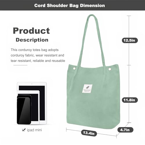 Corduroy Tote Bag for Women Small Canvas Shoulder Purse Cord Handy Bag with Inner Pocket | with Front Pocket - color: 02 Pea Green