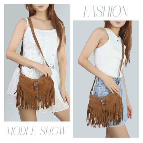 Fringe Hobo Purse for Women,Western Small Fringed Shoulder Bag Vegan Suede Hippie Crossbody Bag with Tassel - color: Brown