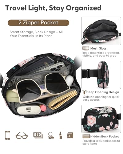 Pritent Fanny Packs for Women Cross Body Bag Waterproof Belt Bag with Adjustable Strap and Zipper Back Pocket Small Crossbody Bags Fashion Waist Packs for Workout Travelling(Flower Print) - color: Flower Print, size: Small