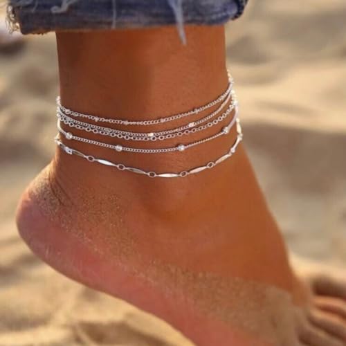 Silver/Gold Anklets for Women, Sterling Silver Evil Eye Ankle Bracelets for Women Trendy Dainty Waterproof Anklets Set Adjustable Layered Anklet Bracelets for Women Silver Jewelry Gift - style: 5Pairs Anklets-Silver