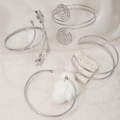 YVVLEE 4PCS Gold Silver Arm Cuff Jewelry for Women Upper Arm Cuff Bangle Band Armlet Adjustable Minimalist Coil Arm Armband Set - color: D