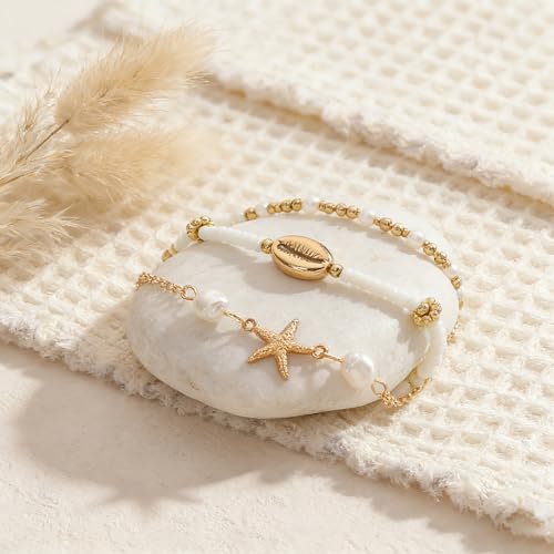 Starfish Seashell Ankle for Women ，14K Gold Bead Handmade Adjustable Plated Boho Shell Anklet ， Foot Chain Jewelry for Summer Beach Vacation - color: Starfish 3Pcs