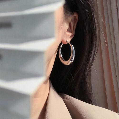 Chunky Gold Large Hoop Earrings for Women, Dainty 14K Gold Big Circle Round Statement Earrings Silver Trendy Thick Hoops Ear Jewelry for Anniversary - color: Silver