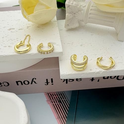 Fake Earrings for Women Non Piercing Ear Cuff Earring Dainty 14K Gold Plated Cuff Earrings Set Cubic Zirconia Ears Jewelry on Cartilage - style: 4B