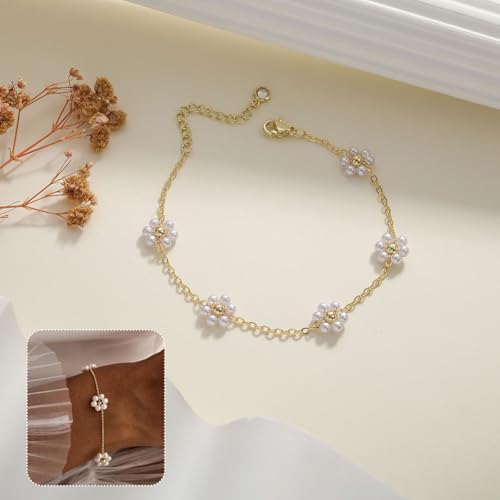 Dainty Silver Gold Bracelets for Women Trendy Non Tarnish 14K Gold Plated Cute Clover Bracelet Stackable Daisy Cubic Zirconia Diamond Charm Bracelet Stack Waterproof Jewelry Gifts - color: F- Pearl Bracelet- Gold