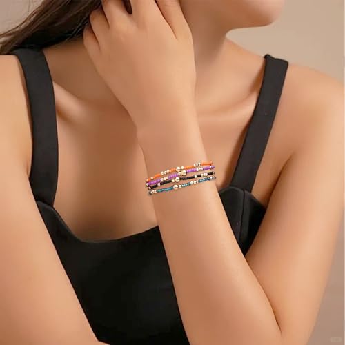 Gold Beaded Stackable Friendship Bracelets Set for Women, Handmade Boho Stretch Summer Jewelry Gift. - color: gold orange purple black blue