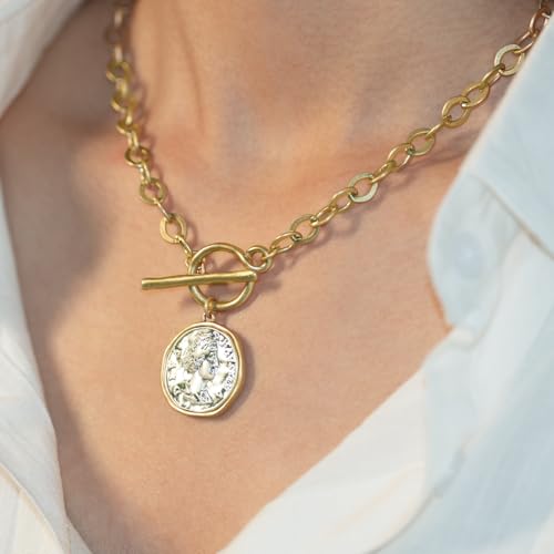 Chunky Gold Coin Pendant Necklace Trendy Layered Statement Chain for Women, Antique Toggle Design with Thick Link, Fashionable Necklaces for Women - color: Worn Gold/Sliver